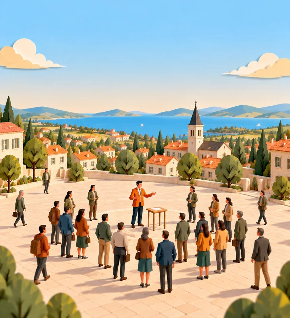 A man speaking in a town square while people stop and turn to listen