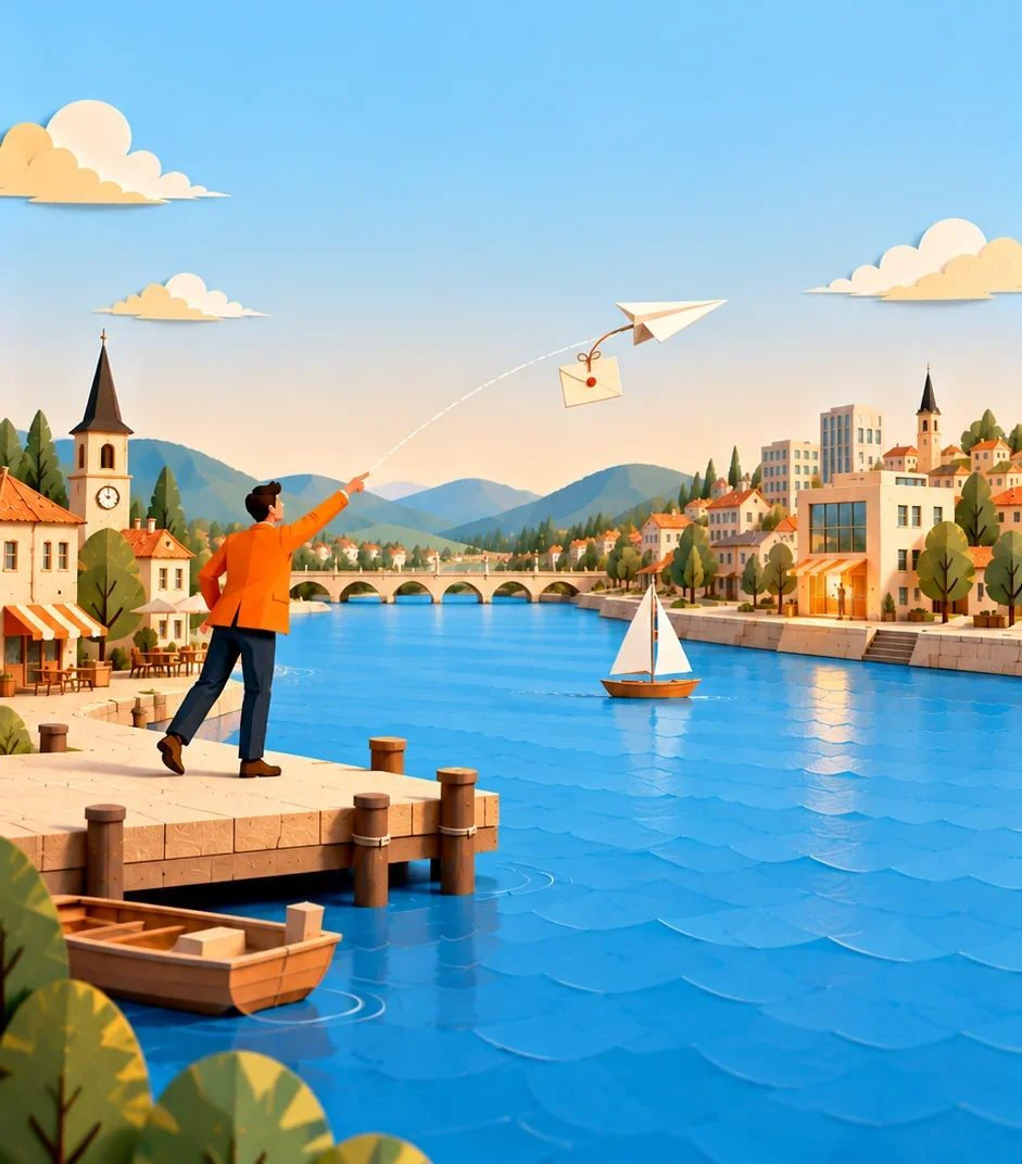 A man on a jetty sending a paper plane carrying a letter across the river