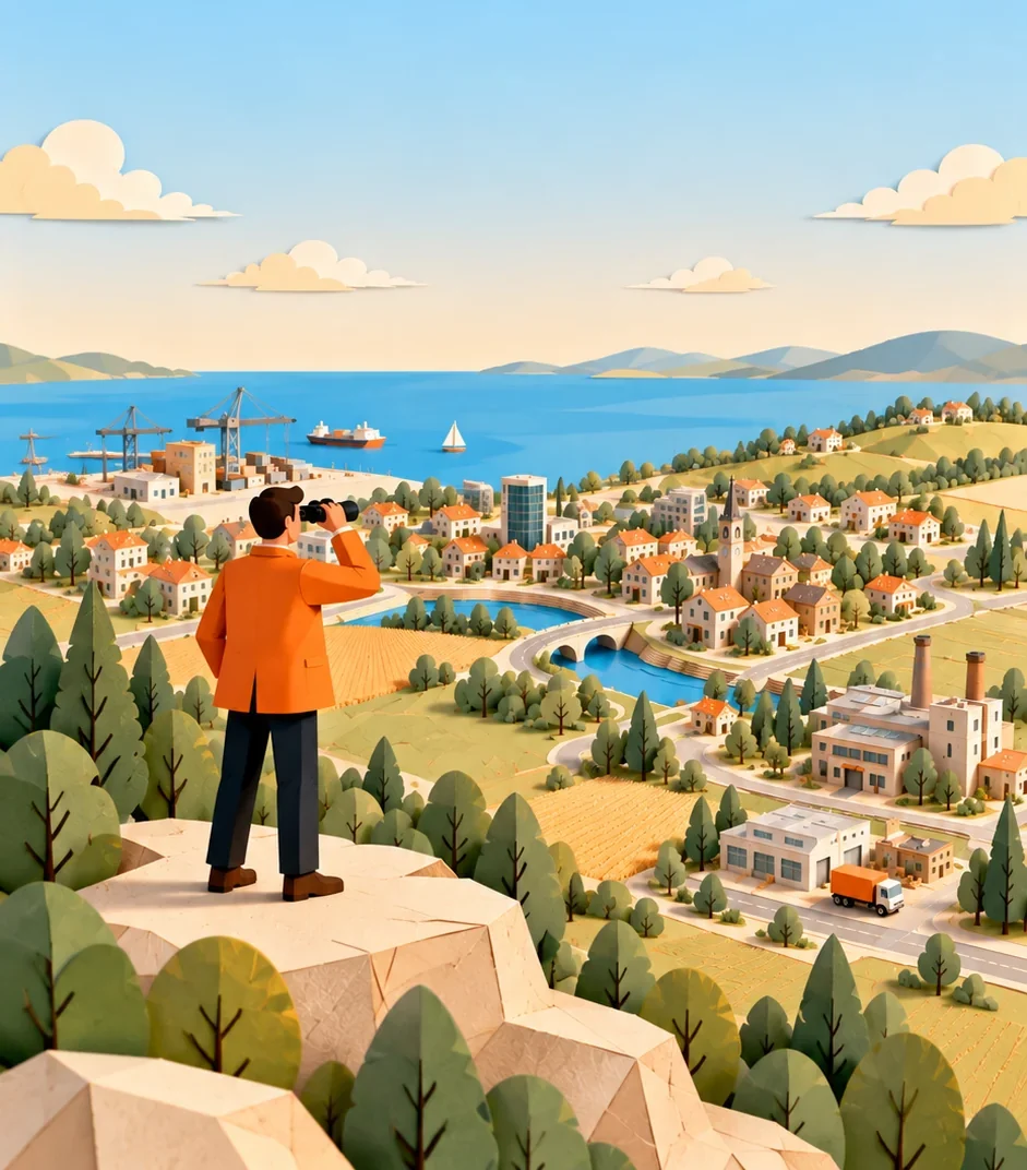 A man in an orange blazer on a hilltop, watching the market below through binoculars