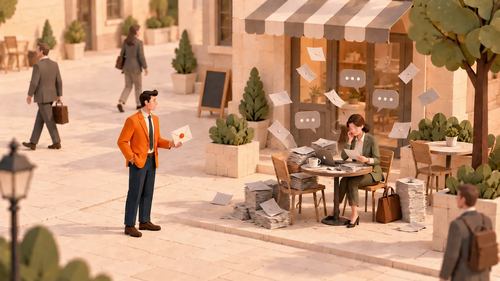 A businesswoman at a café table buried in grey letters and messages, while a man in an orange blazer waits nearby with one letter sealed in orange