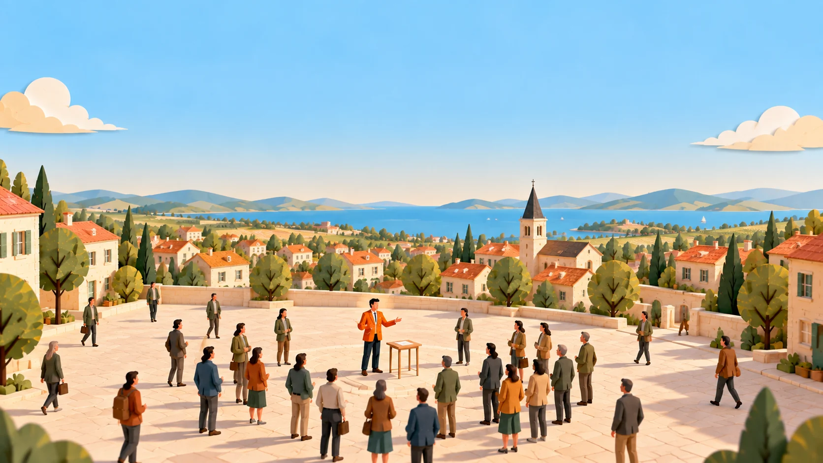 A man in an orange blazer talking in a town square while people stop and turn to listen
