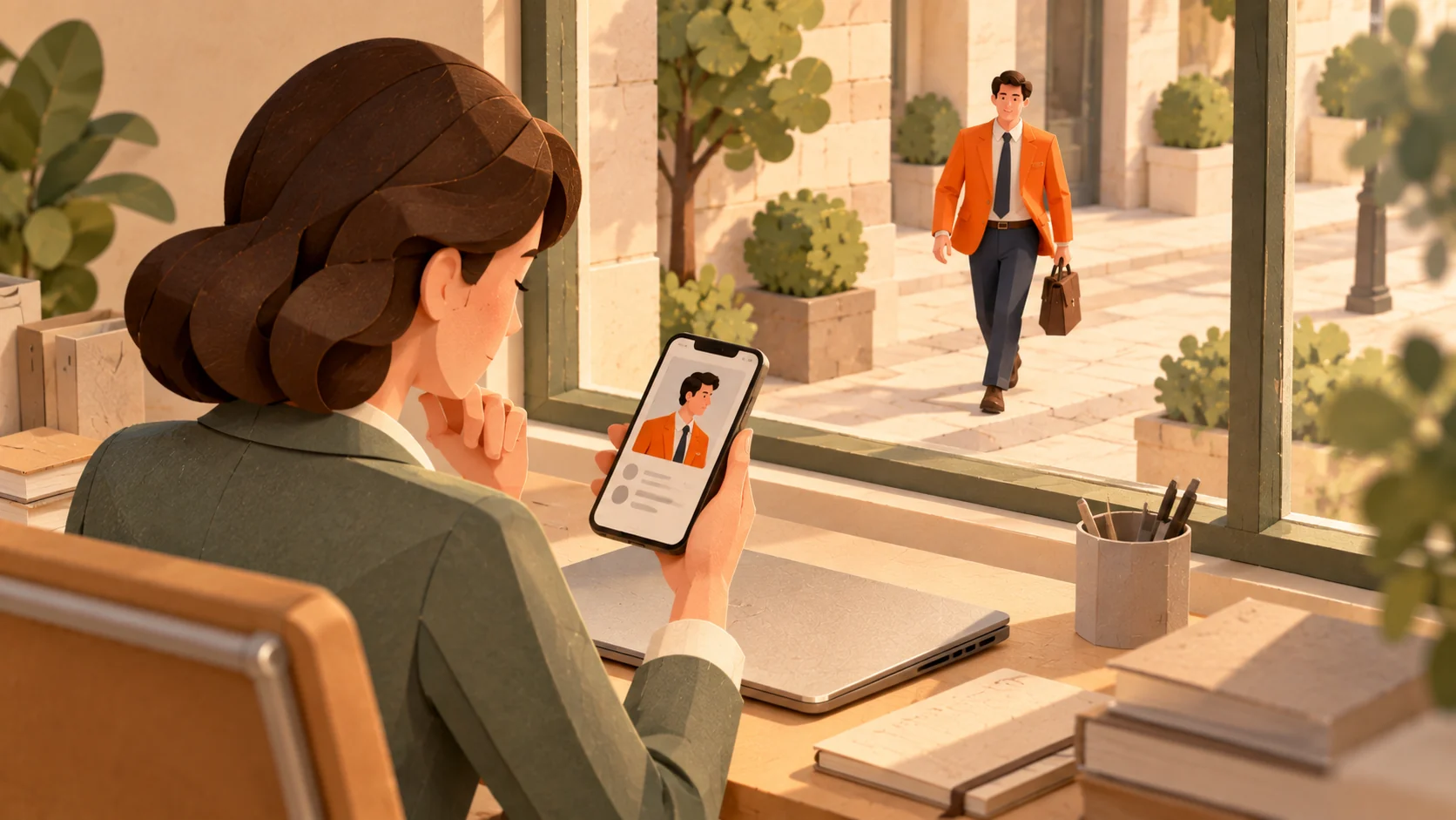 A woman at her desk looks at a profile of the man in the orange blazer on her phone, while he walks up to her building for their meeting