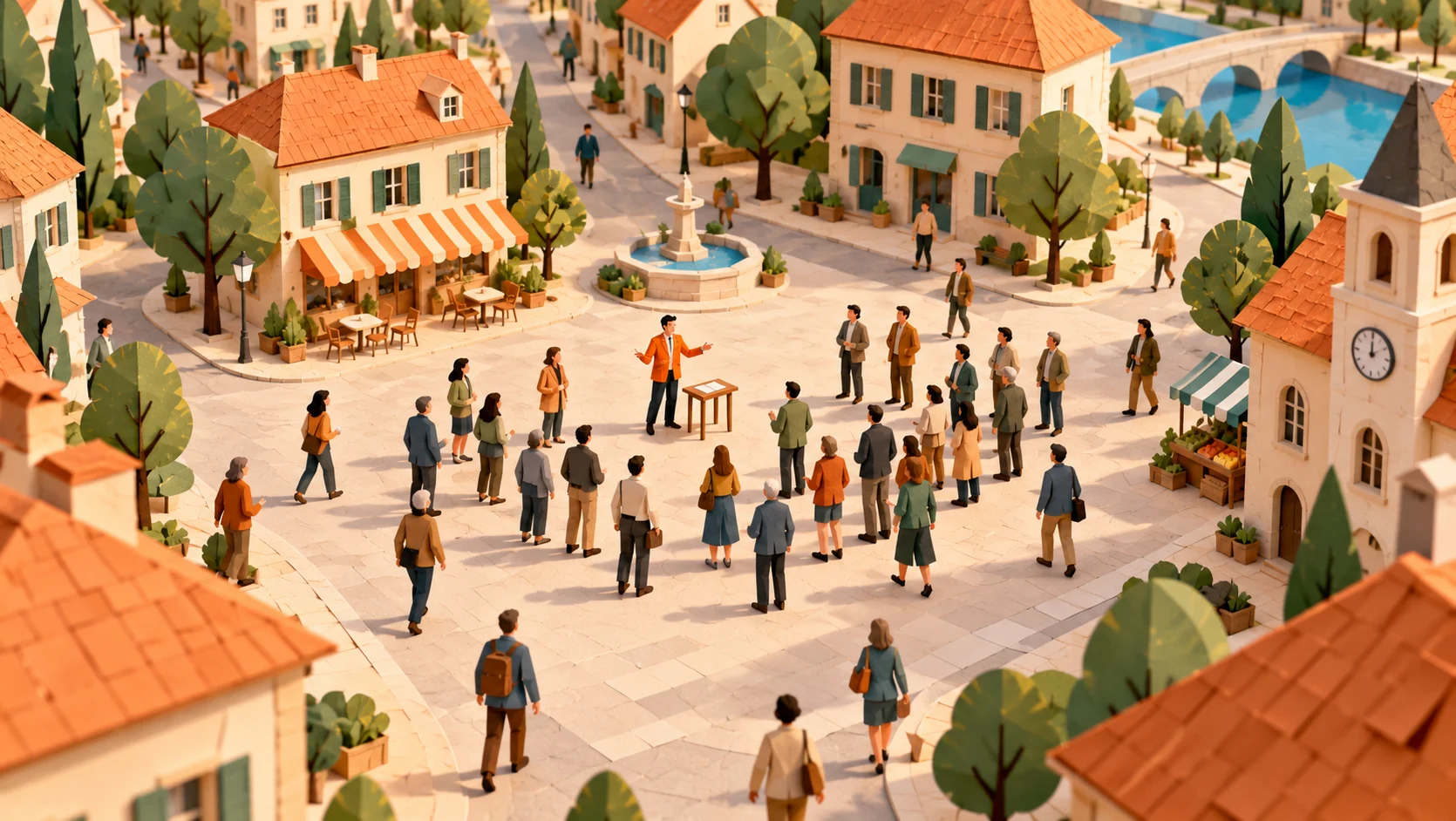 A town square where people gather around one speaker, and her reach spreads outward in rings