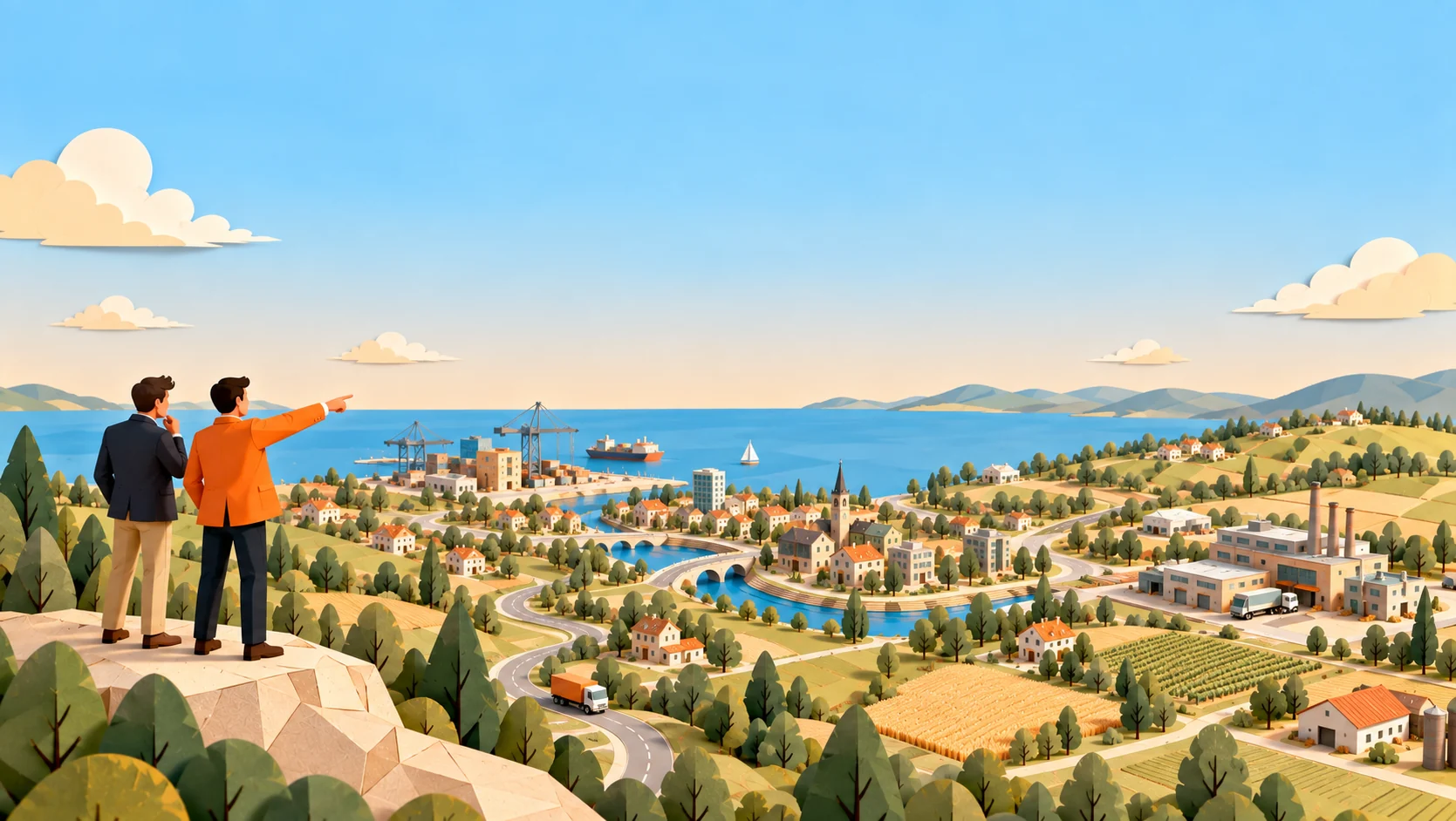 Two people on a hilltop above a wide market; one points out an opportunity to the other