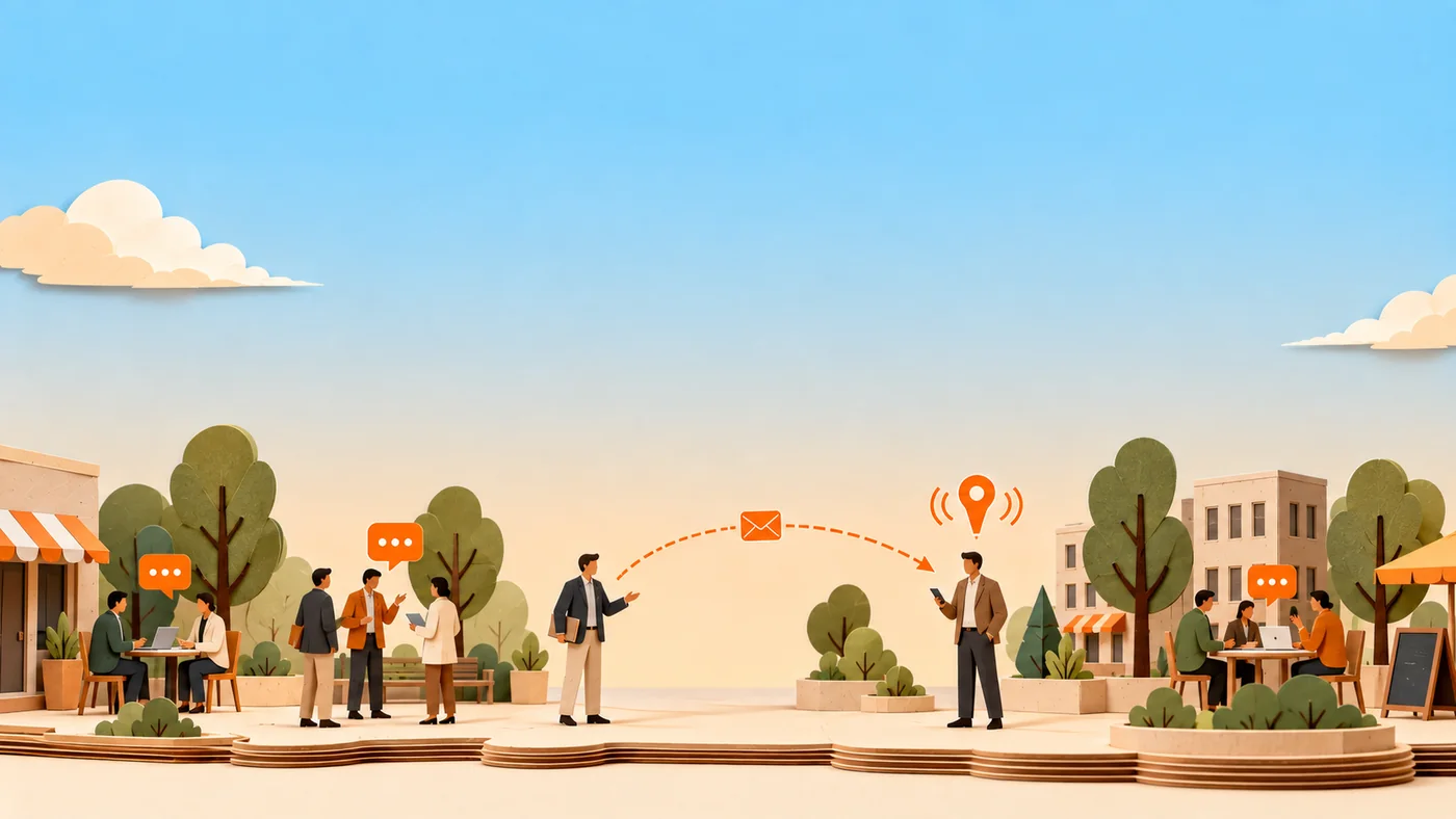 People meeting in a paper town while an orange message travels between them