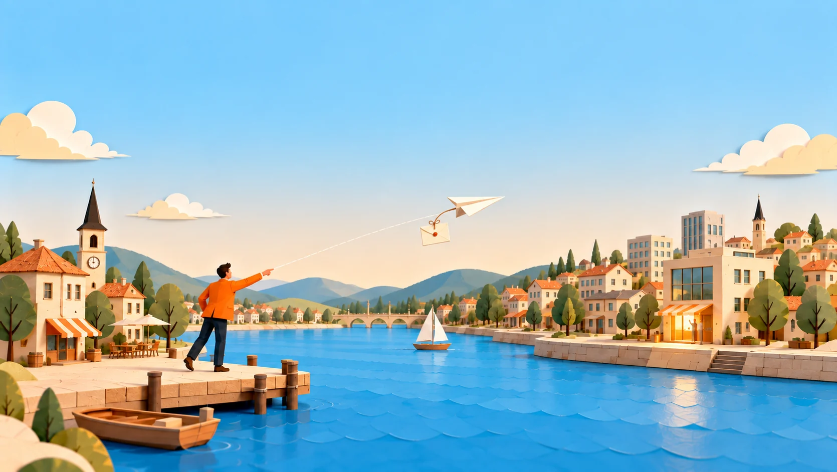 A man in an orange jacket on a jetty, sending a paper plane carrying a letter across the river to a building on the far bank