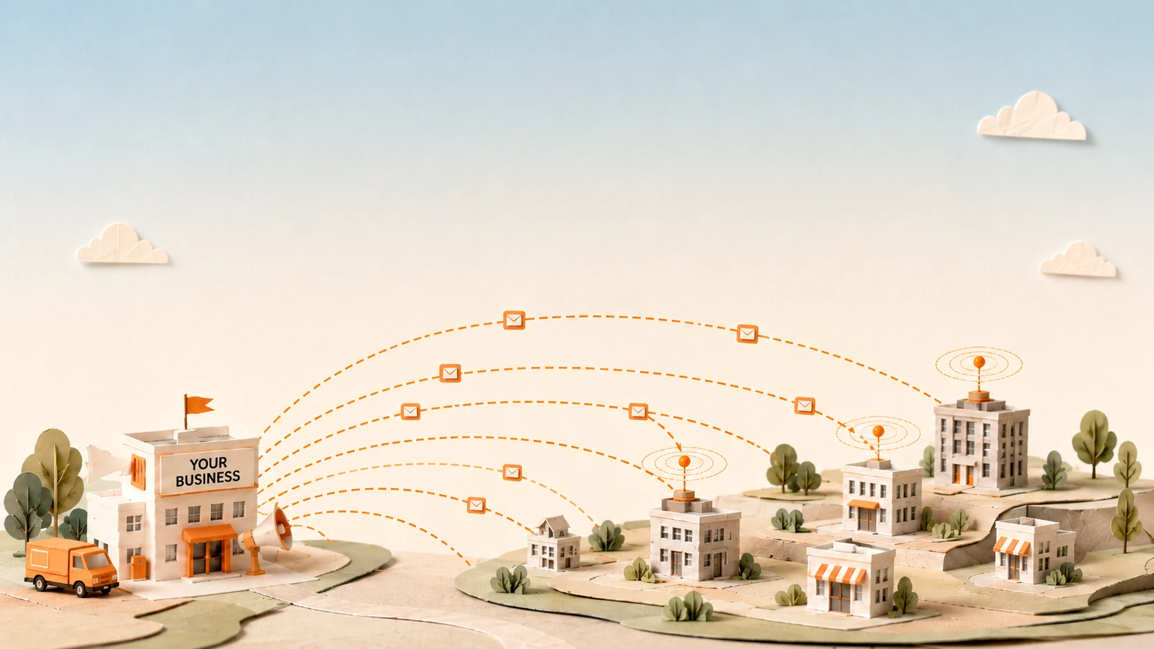Broad outreach across a paper town, with timed messages where signals appear