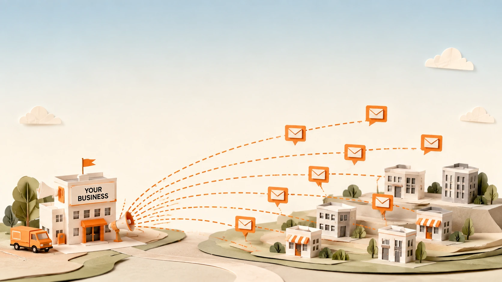 Messages travelling from one business to many across a paper town