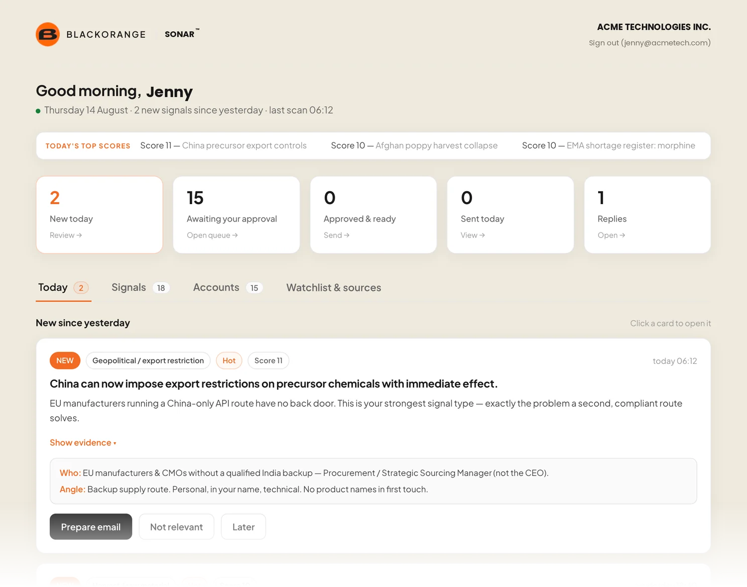 The SONAR™ dashboard: today's signals, what each one means, and the emails waiting for approval
