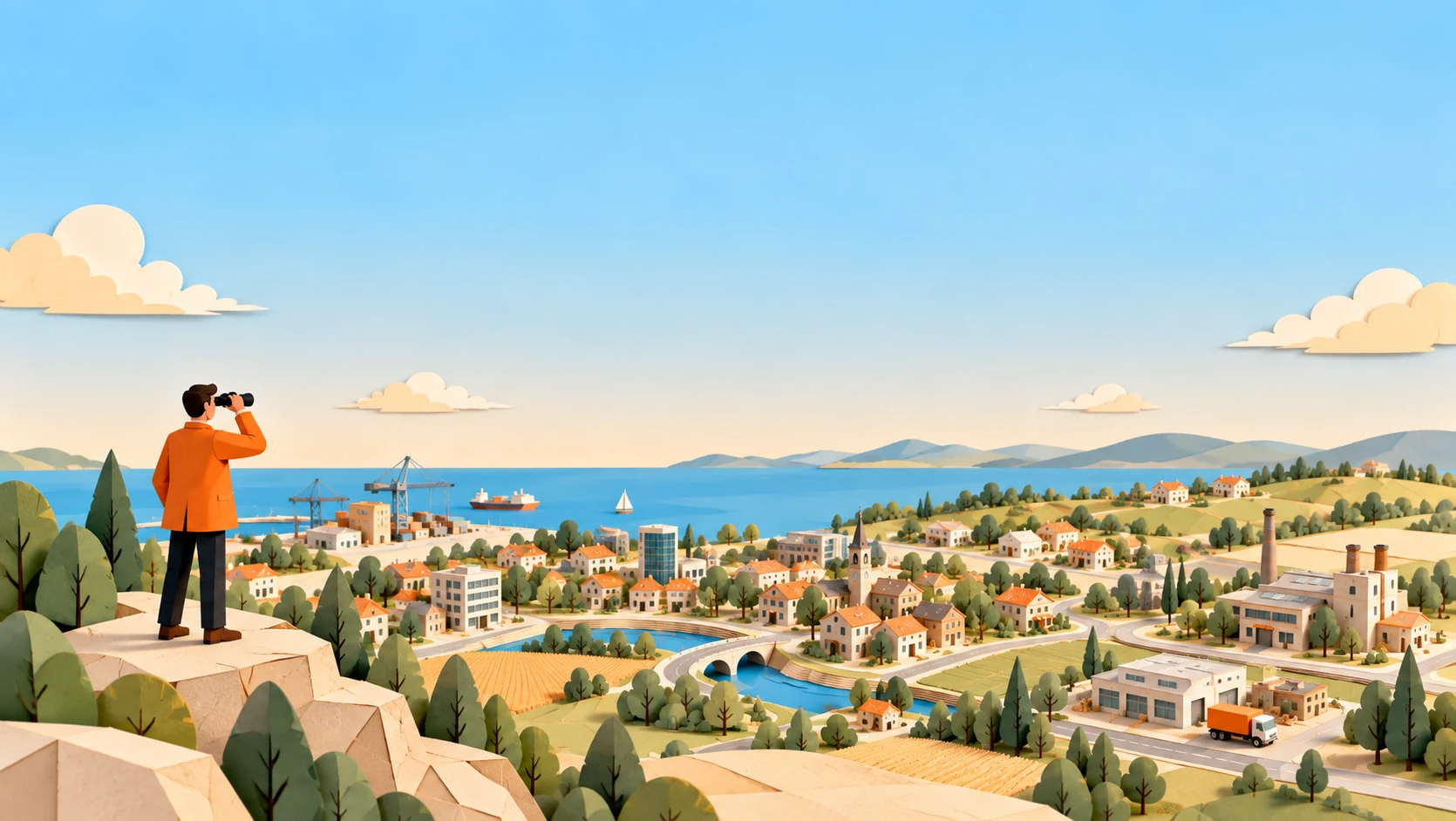 A man in an orange jacket on a hilltop, watching a whole market below: harbour, town, industry and farms