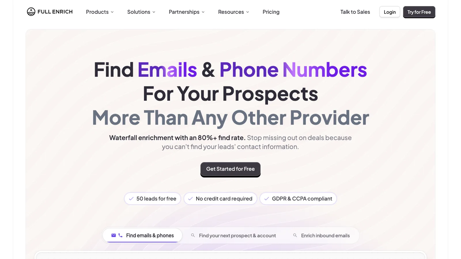 The FullEnrich homepage as it looked in October 2026
