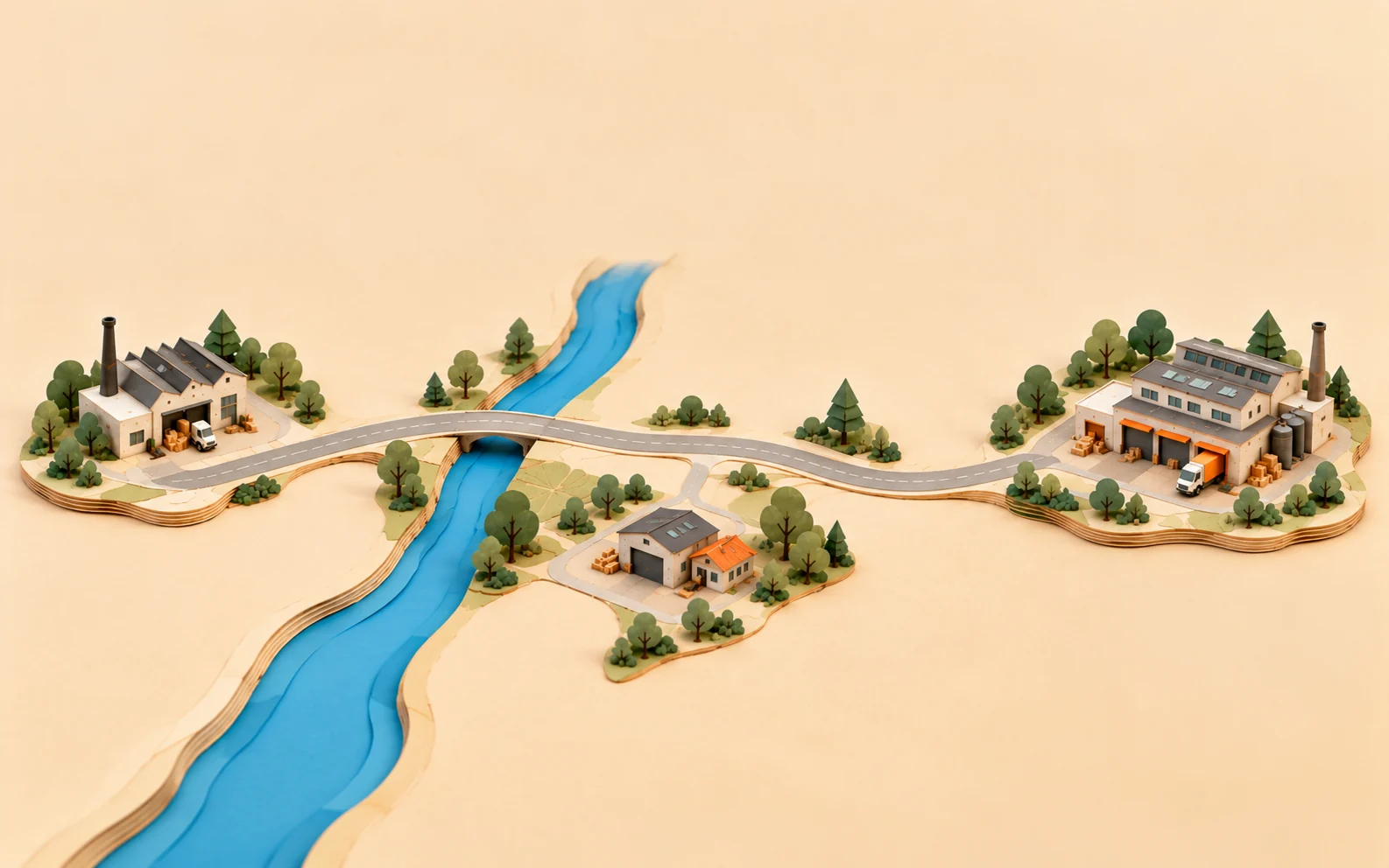 A paper map: a factory on the left, a manufacturer on the right, a smaller facility off the main road