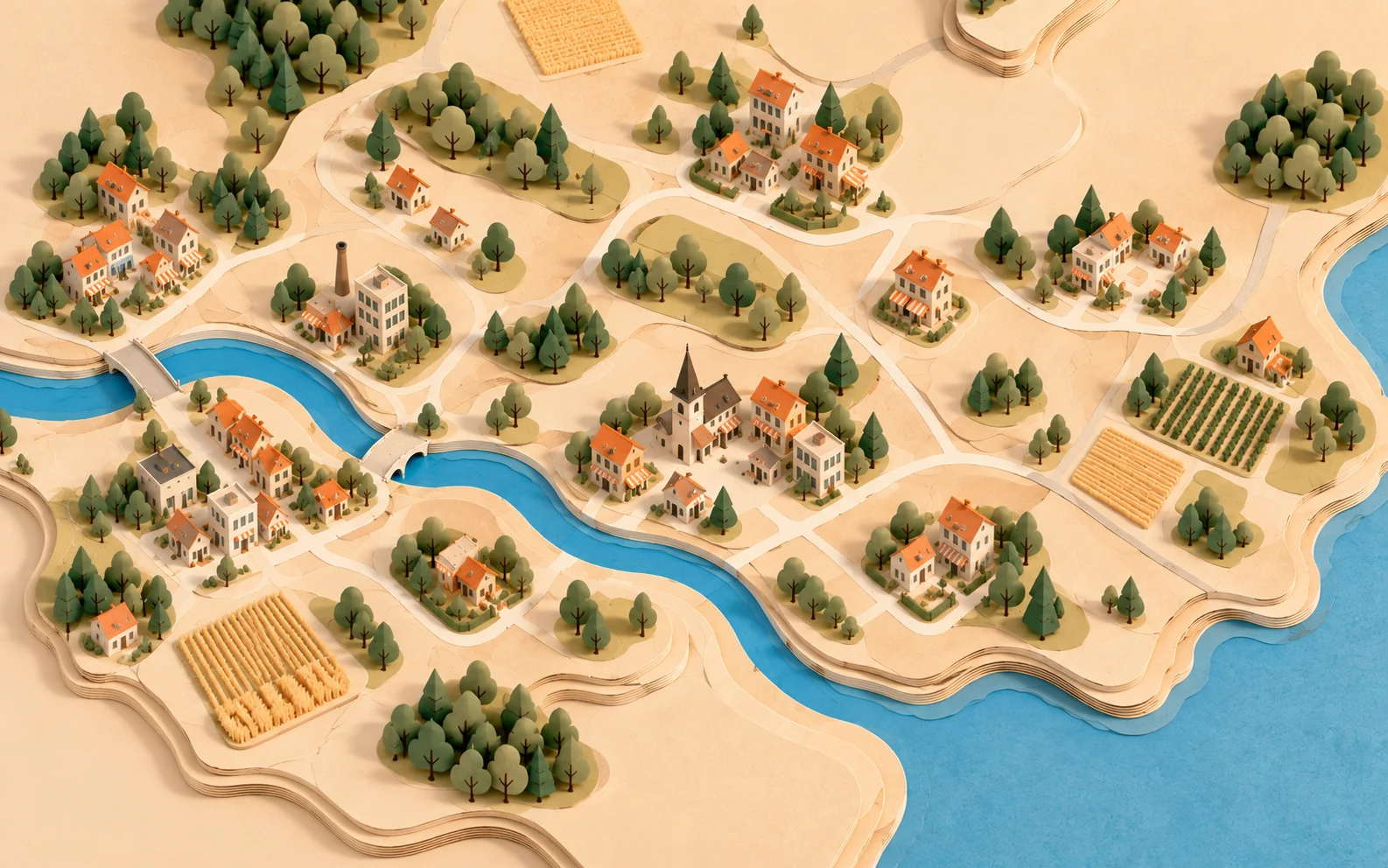 A paper map of a small region, with villages, farms and a river